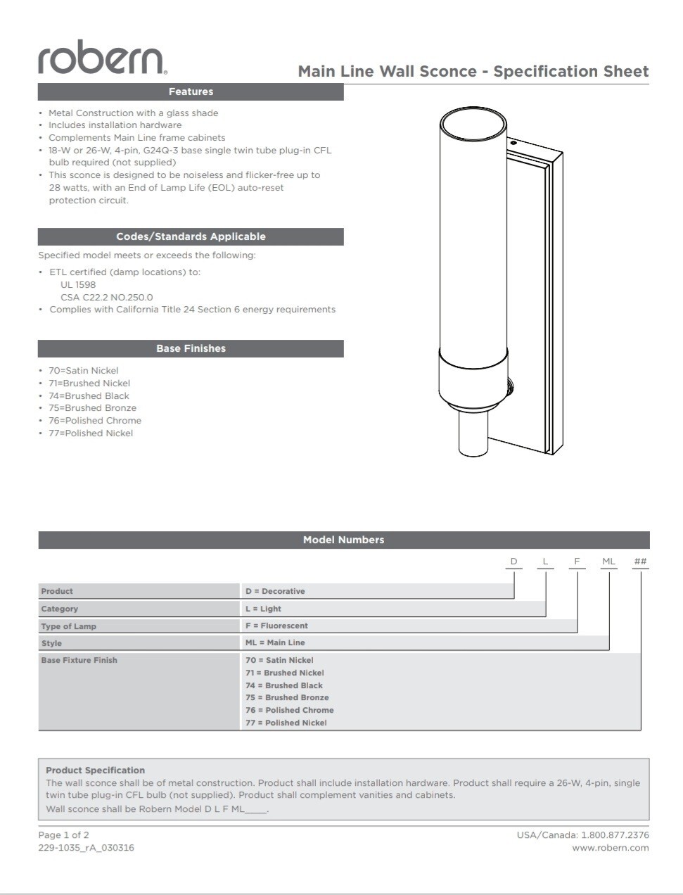 Robern CB-DLFML70 Main Line Sconce (Satin Nickel)