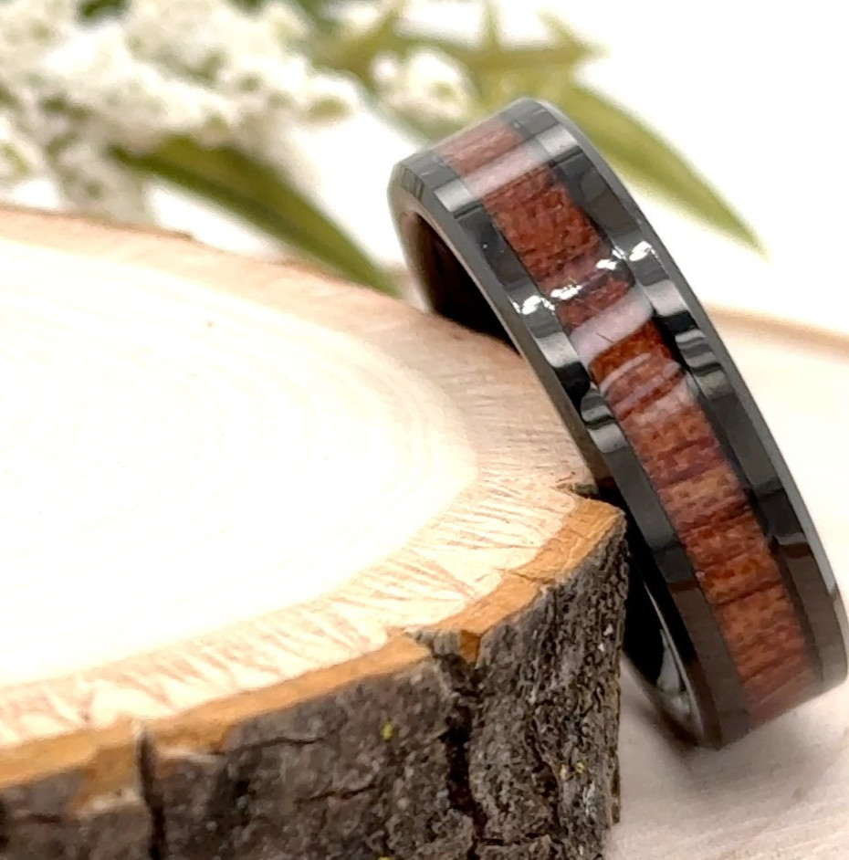 Wood Inlay Comfort Fit Ring For Christmas Gifts 6mm Black Tungsten Carbide Band