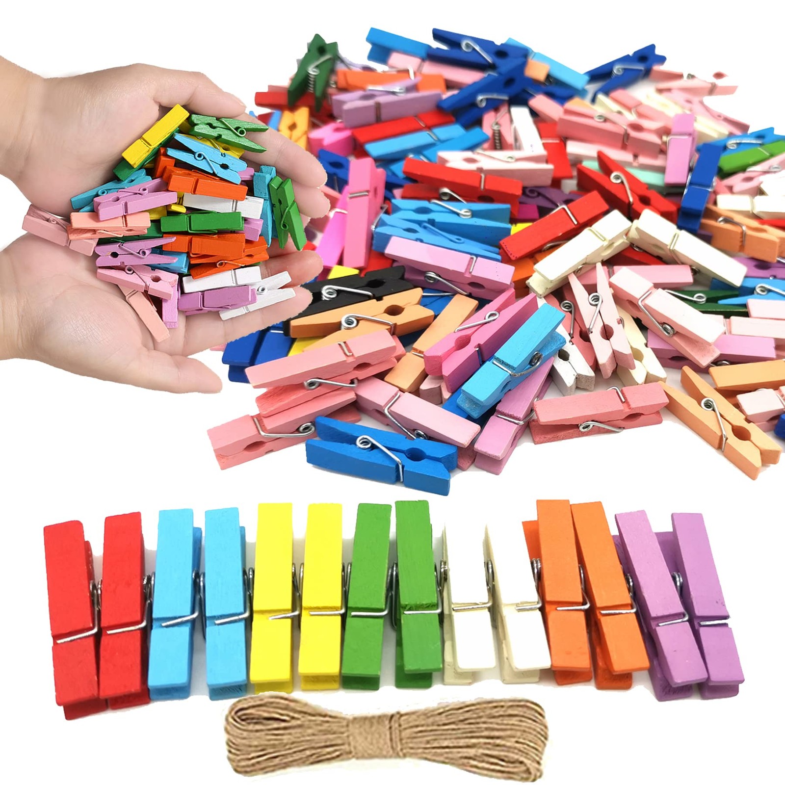 1.35in Mini Wooden Clothespins 100pcs with 32ft Jute Twine, 10 Colors