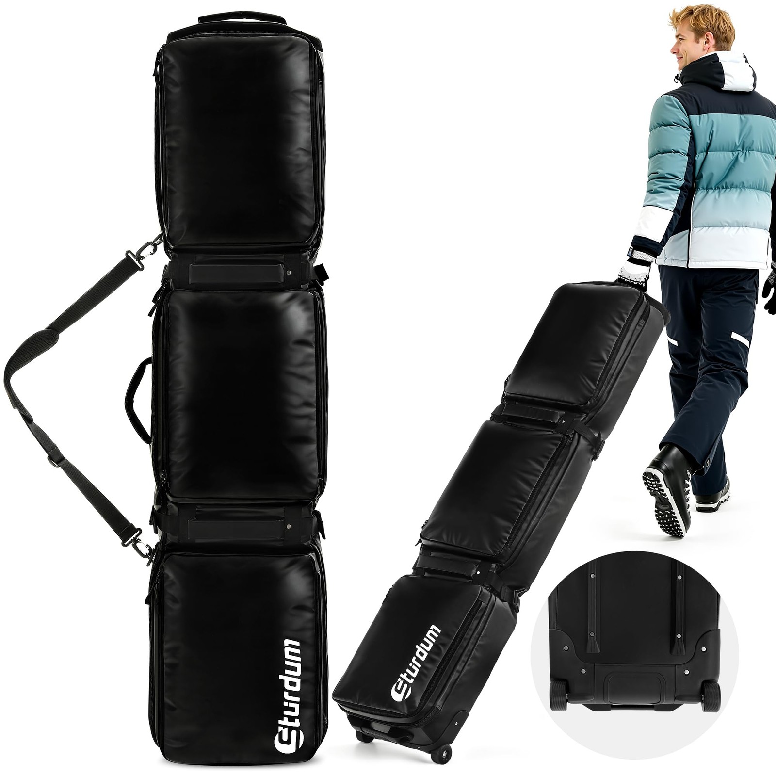 Sturdum Ski Bag with Wheels, Rolling Snowboard for Air 185M, Black