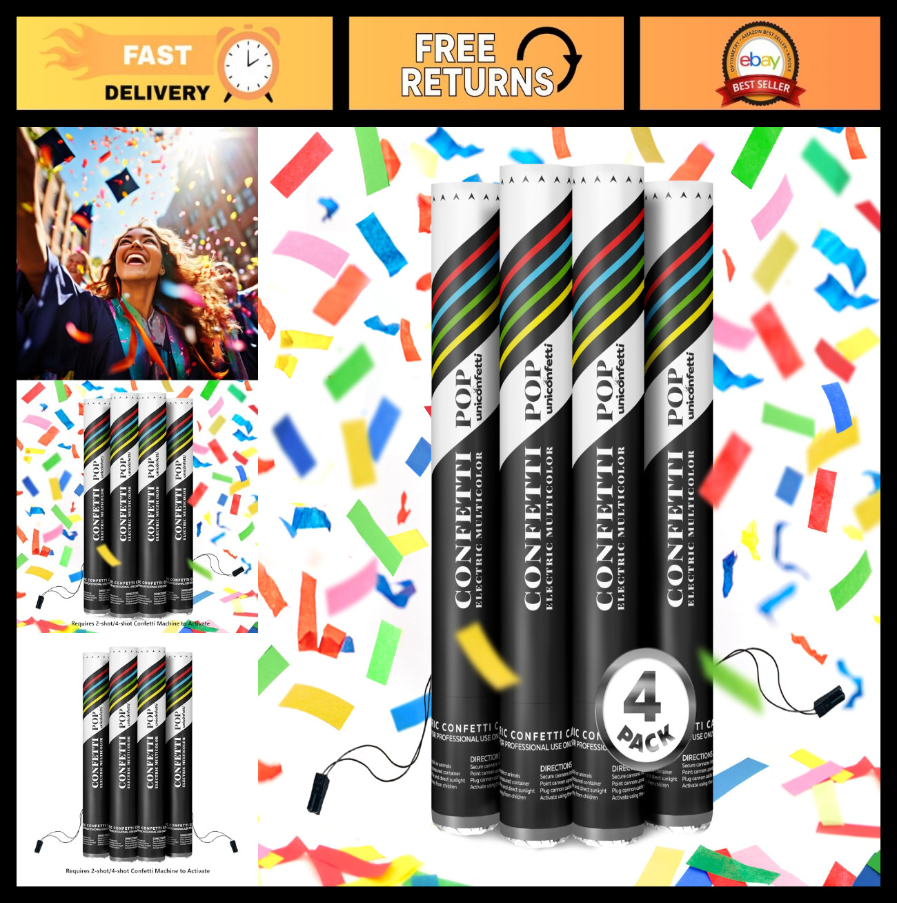 16" Electric Confetti Cannon Cartridges - 4 Multicolor Poppers for Weddings & Ev