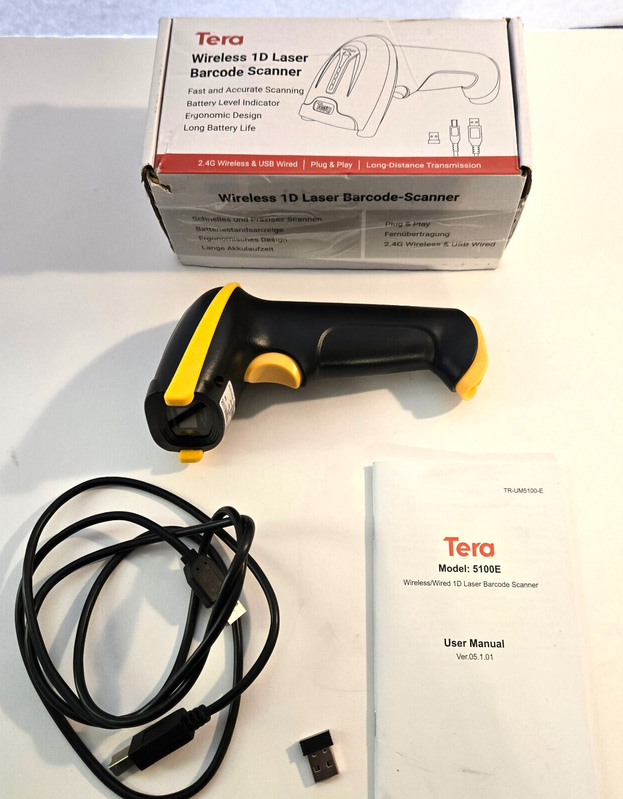 Tera 5100 Scanner -Wireless 1D Laser Barcode Scanner USB cable or Wireless - New