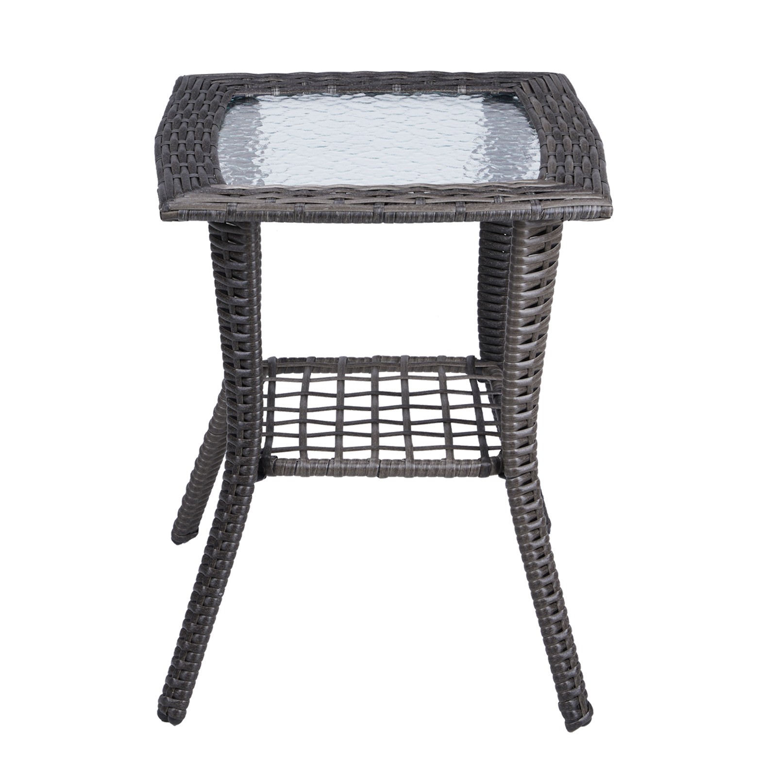 Patio Wicker Side Table, Rattan End Table with Glass for Indoor Outdoor Garden