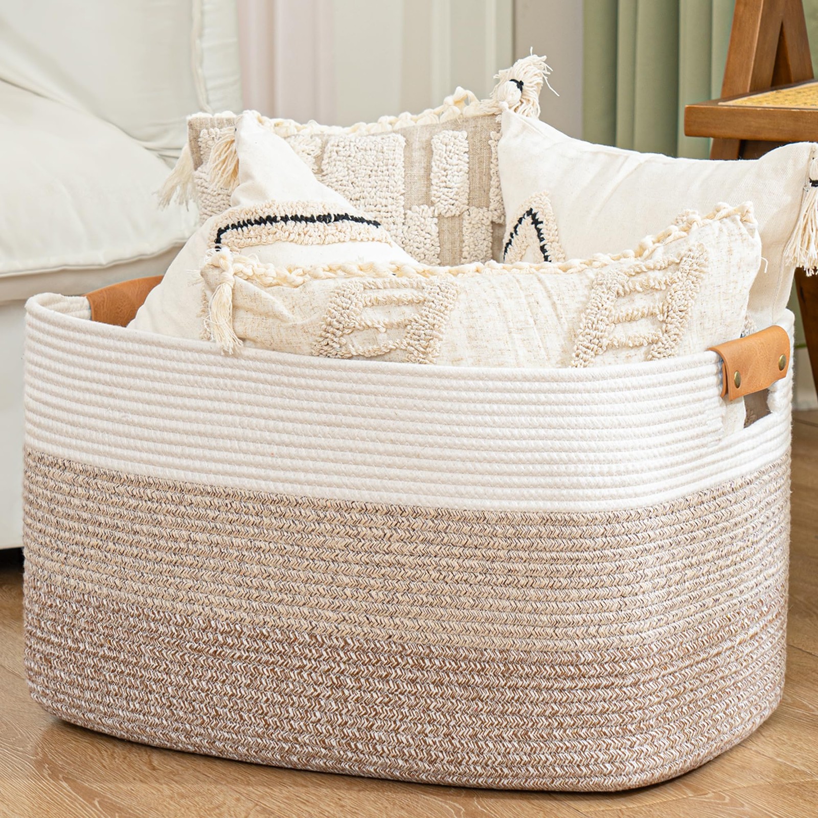 Blanket Basket, 72L Woven Storage basket with Leather Handle, Eco-friendly De...