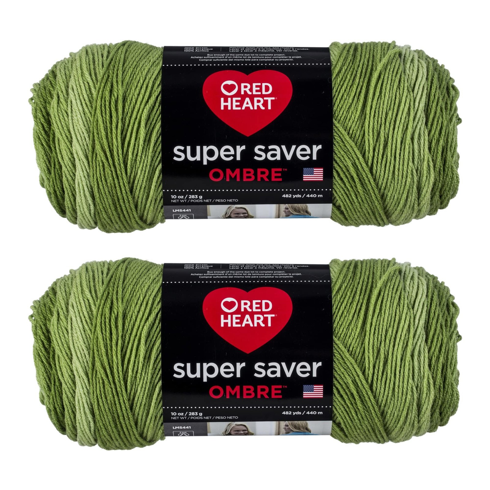 Red Heart Super Saver Jumbo Green Apple Ombre Yarn - 2 Pack of 283g/10oz - Ac...