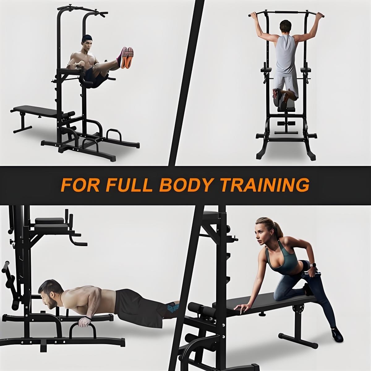 Power Tower with Bench- 7 Adjustable Height Pull Up Bar & Dip Station