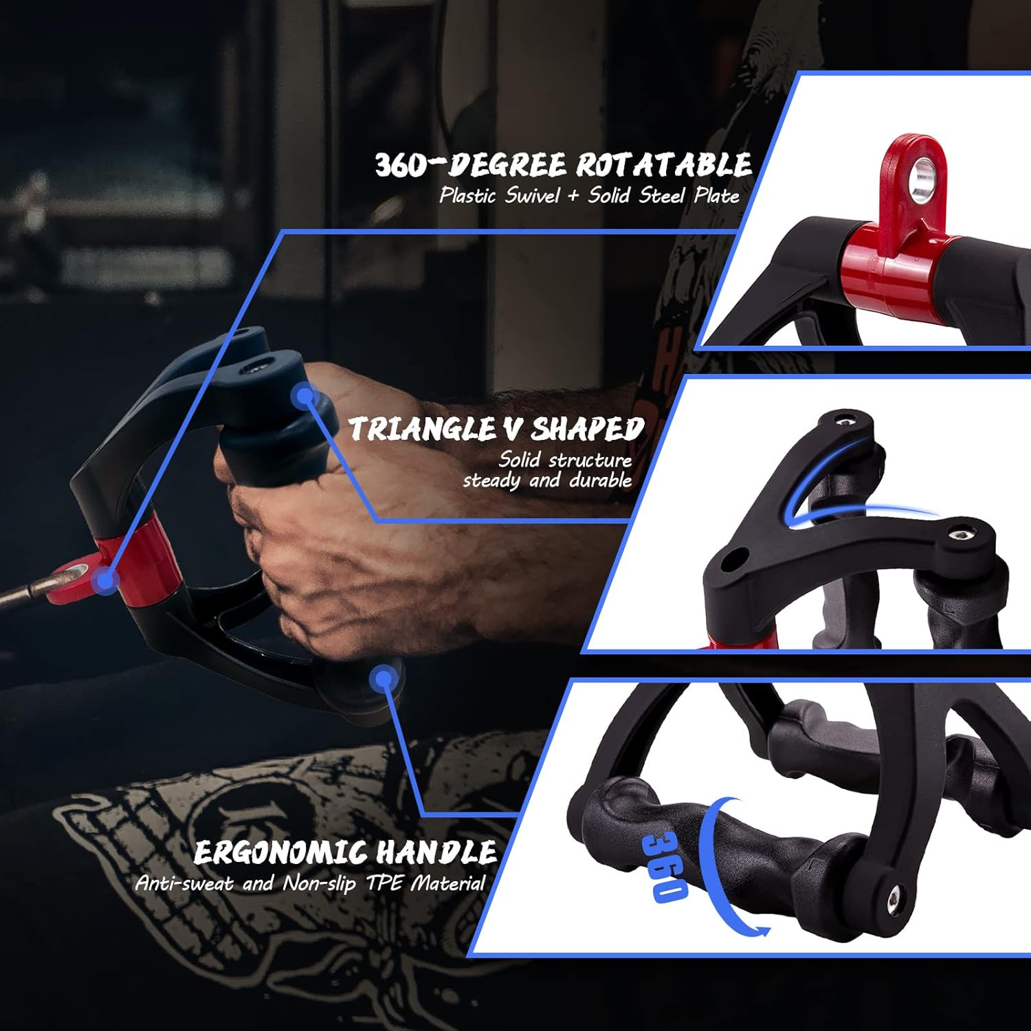 Double D Handle for Cable Machine - Ergonomic Row Handle Cable Attachment - Tria