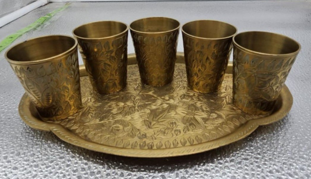 Vintage Handcrafted Brass Tray & 5 Embossed Tumblers Floral Design Home Décor