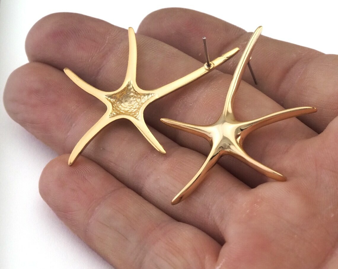 1 pair Starfish Earring Stud Post Gold Plated Brass 48x35mm 2474
