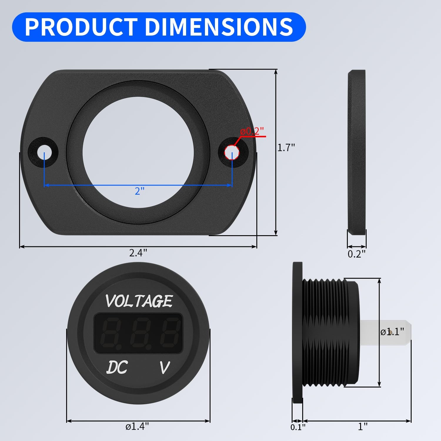 DaierTek Battery Voltage Meter Waterproof DC 12V Small, Blue LED Voltmeter