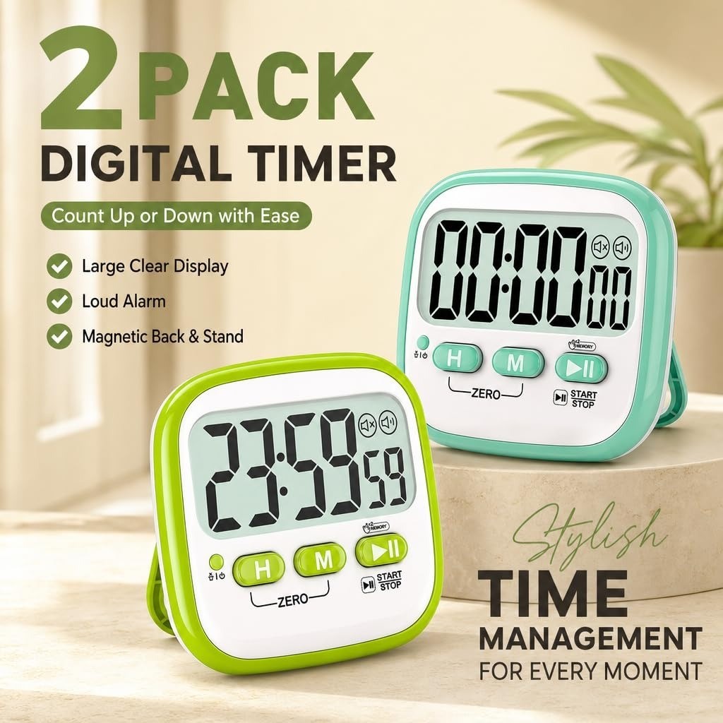 Antonki 2 Pack Digital Kitchen Timer - Magnetic Countdown Timer for Kids