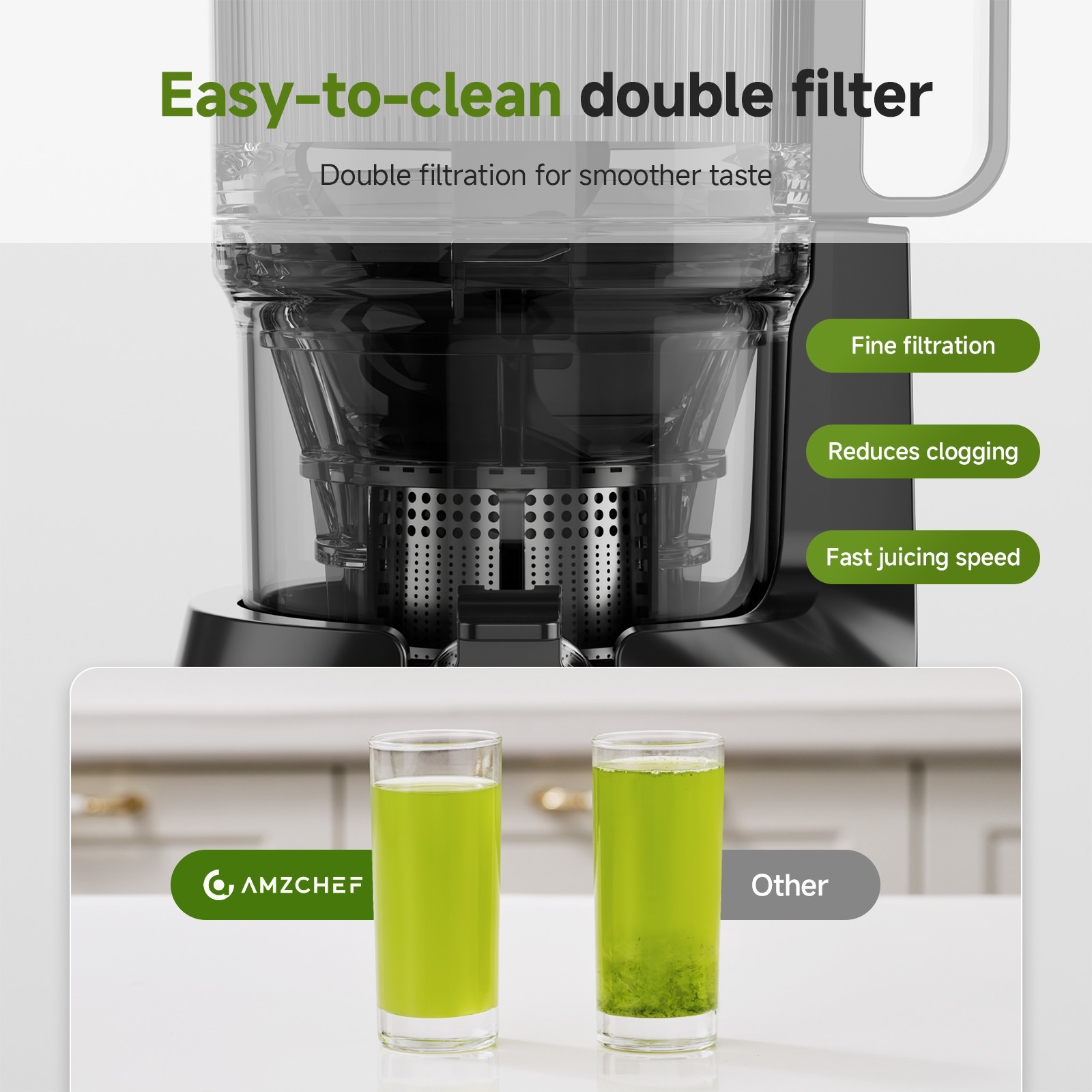 AMZCHEF Slow Juicer Machine, High Juicing Rate, Quiet Motor with Rever.