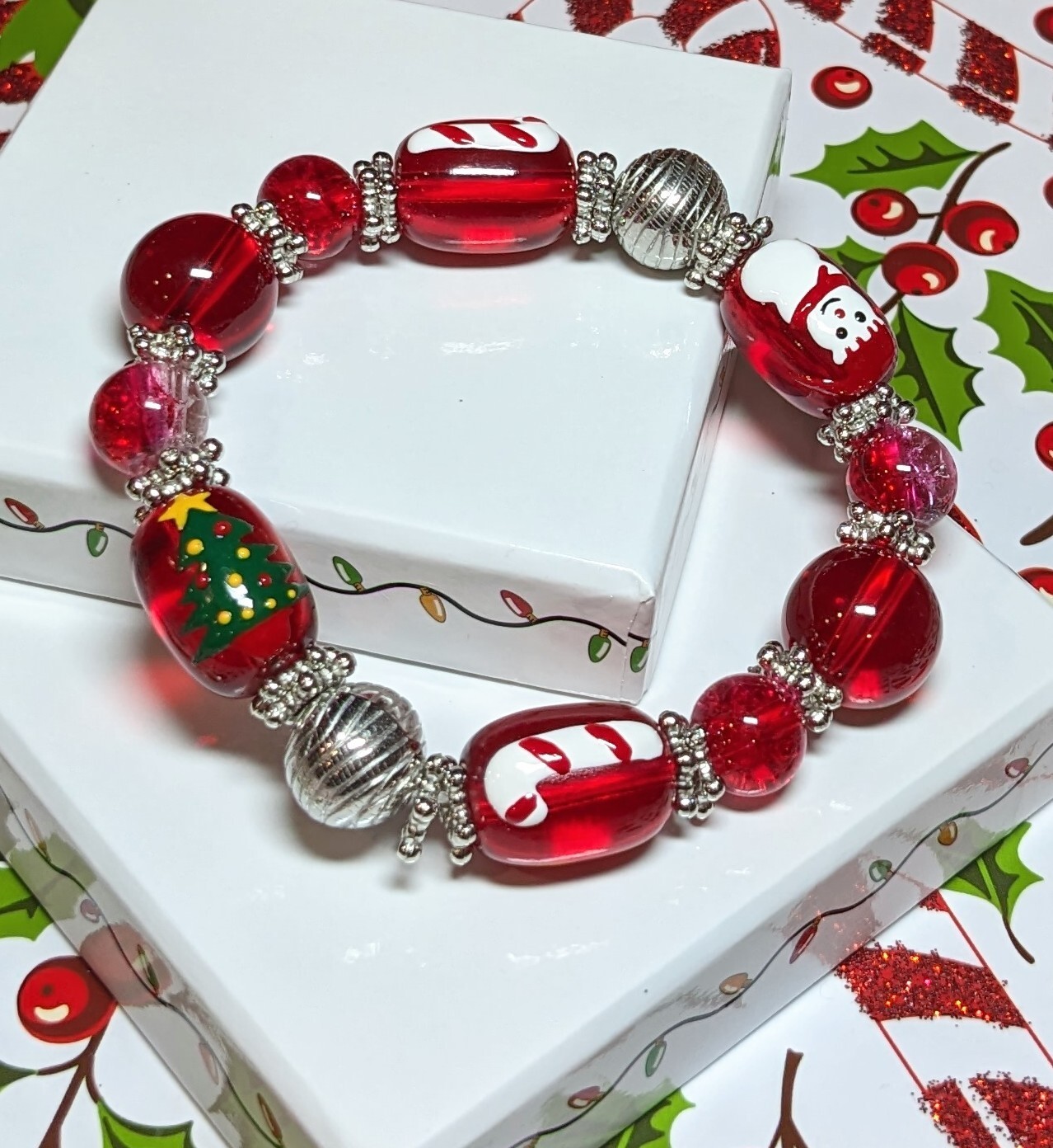 Christmas Bracelet Snowman Tree  Handmade Stretch RED Bracelet Woman