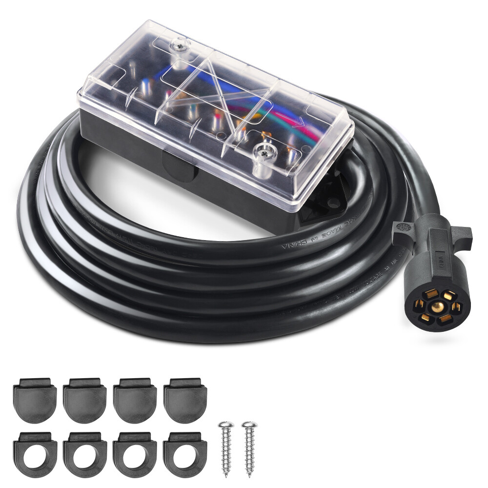MICTUNING 7 Way Trailer Cord Round RV Plug Inline 7 Gang Junction Box Wire Cable