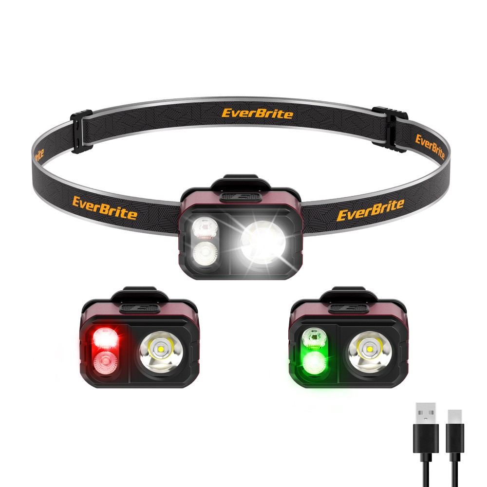 EverBrite LED Rechargeable Headlamp with Hat Clip 7 Modes White/Red/Green Lights