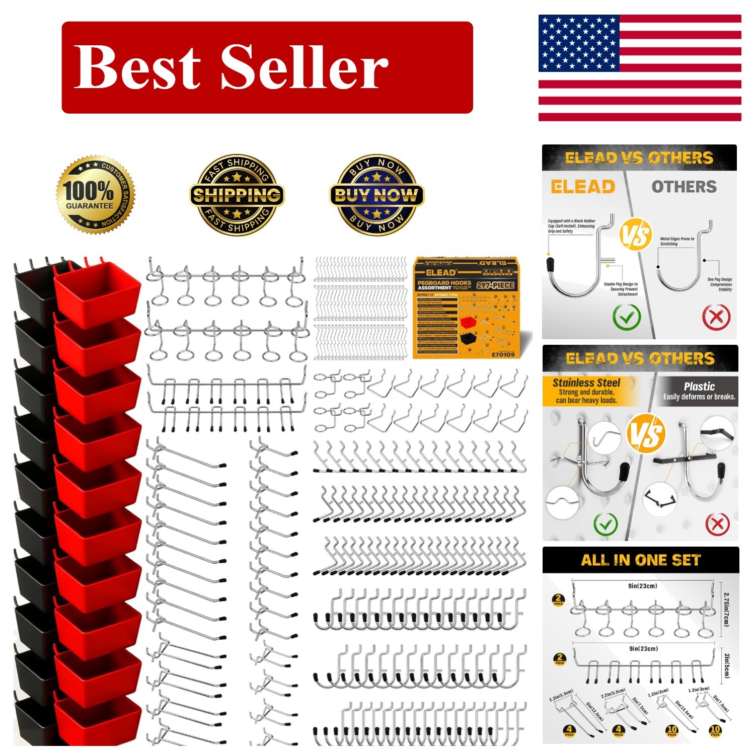 297 Piece Pegboard Hooks Kit, Peg Board Organizer Accessories with Bins for Orga