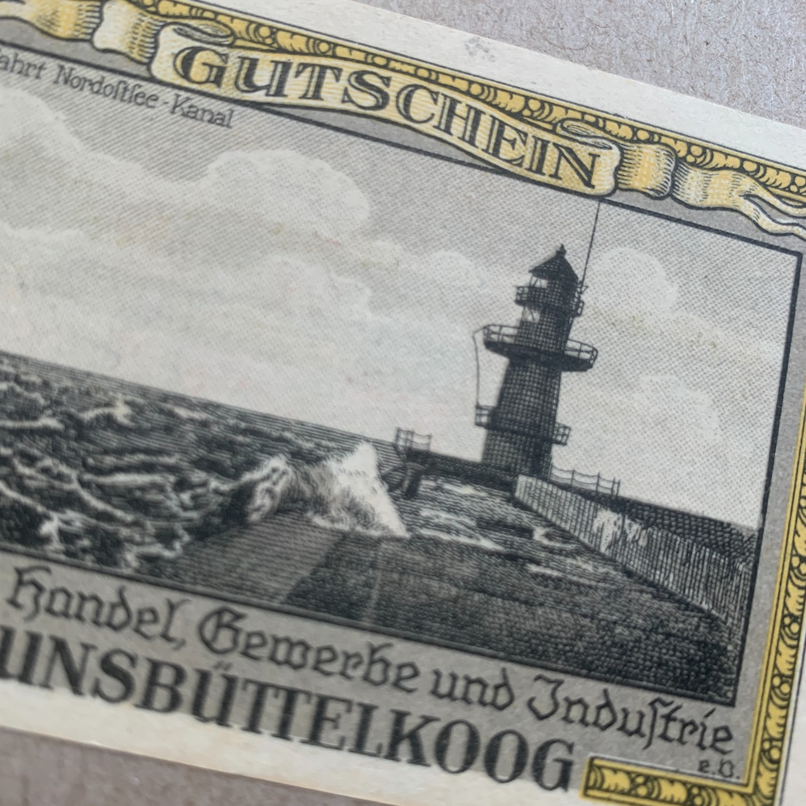 Lighthouse Germany Notgeld Banknote. Era Between WW1 & WW2 German Currency