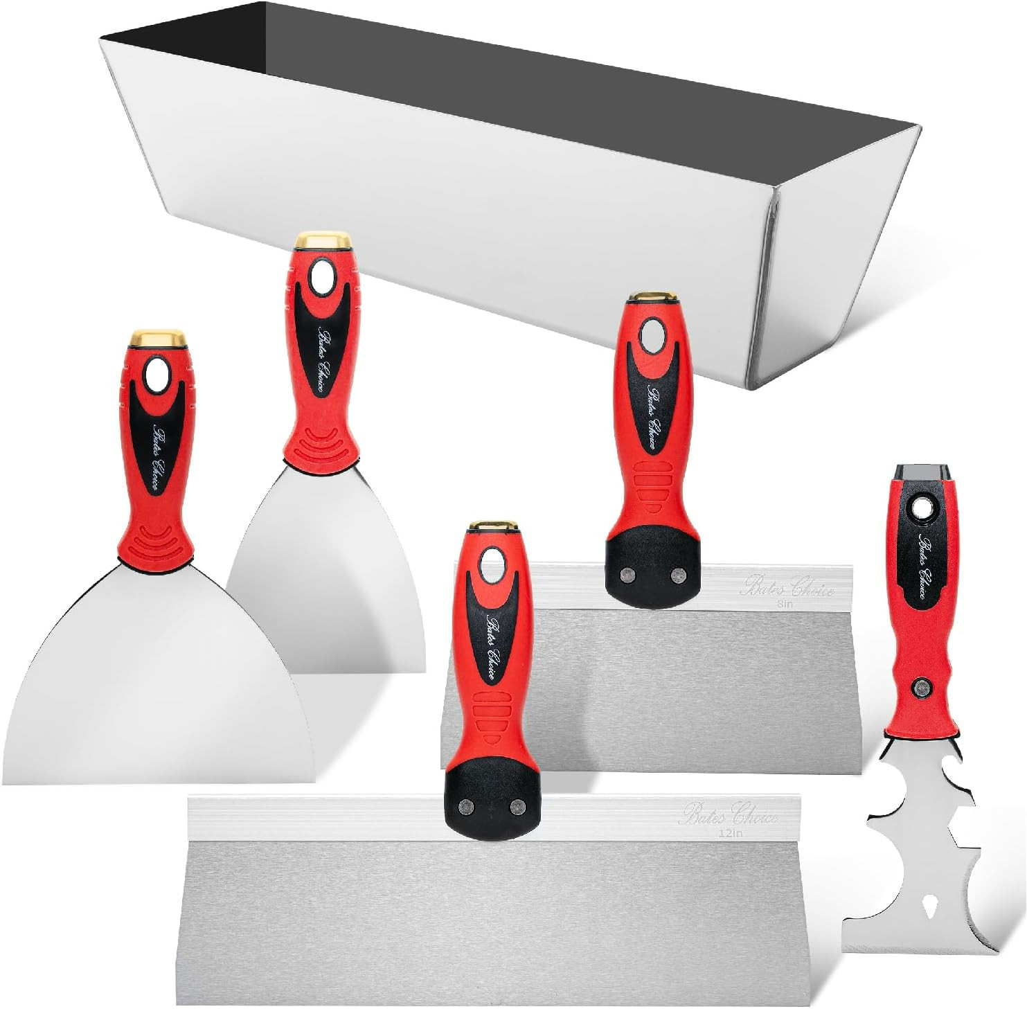 6-Piece Drywall Knife Set with Mud Pan | Stainless Steel Spackle & Putty Tools