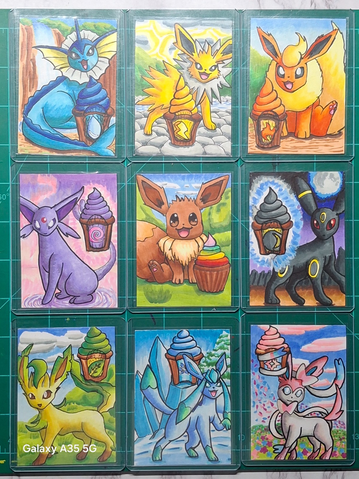 ACEO Original Art Cards of Eevee and all of her evolution