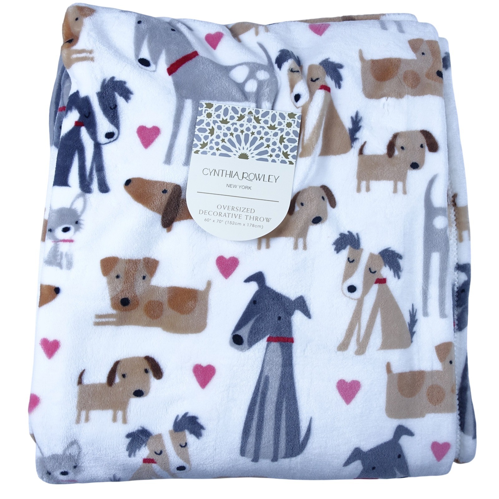 Cynthia Rowley New York Oversized Decorative Throw Blanket 60x70 Dogs Hearts NWT