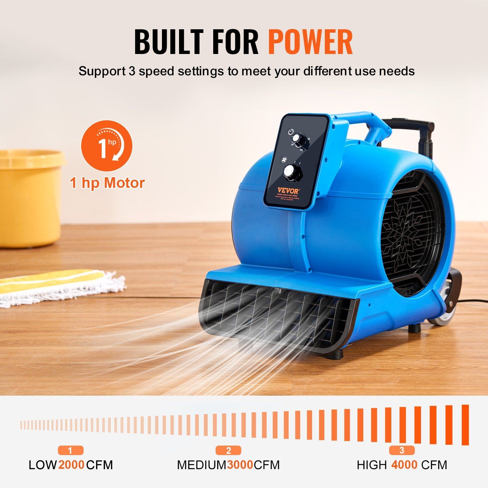 Portable Air Mover: 4000 CFM, 3-Speeds, Adjustable Angles & Timer