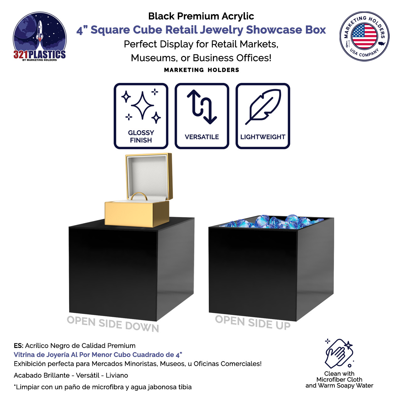 Black 4 Inch Arylic Box without Lid 5 Sided Product Riser or Display Bin