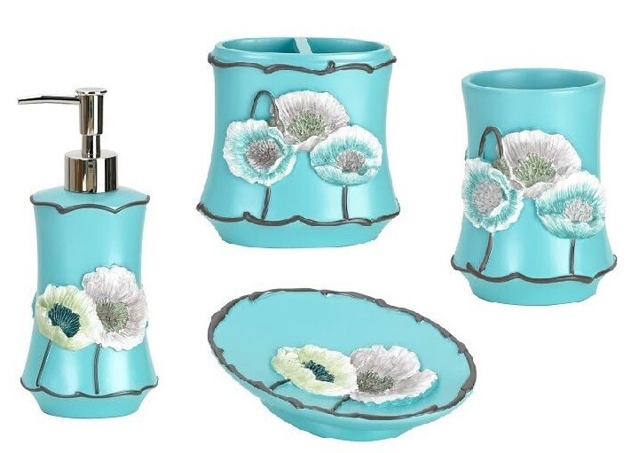 Popular Bath Poppy Fields 4 Piece Bathroom Accessories Set,Heavy Duty Resin Aqua
