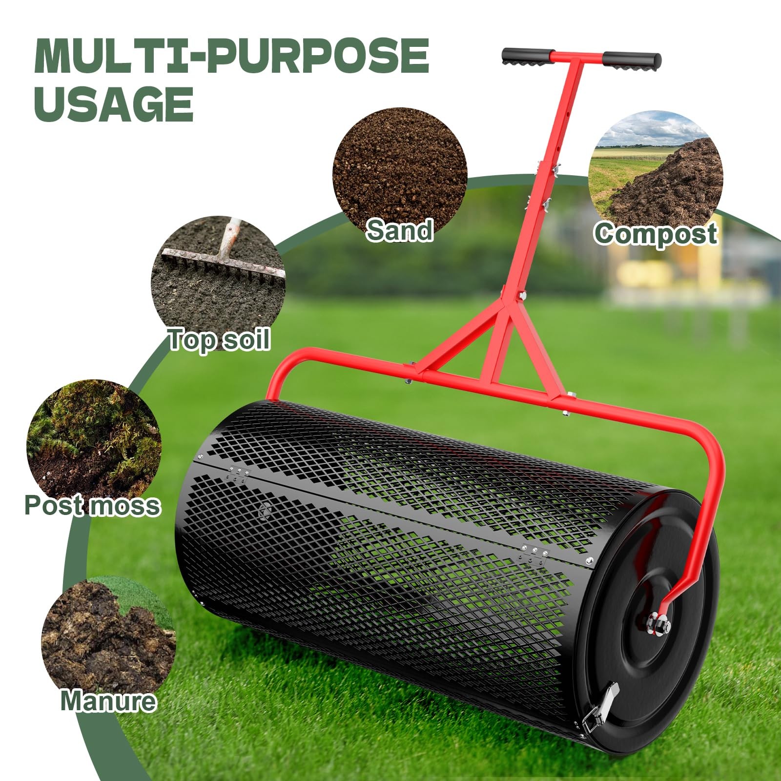 Compost Peat Moss Spreader for Lawn, 30 Inch Compost Roller Spreader with Adj...