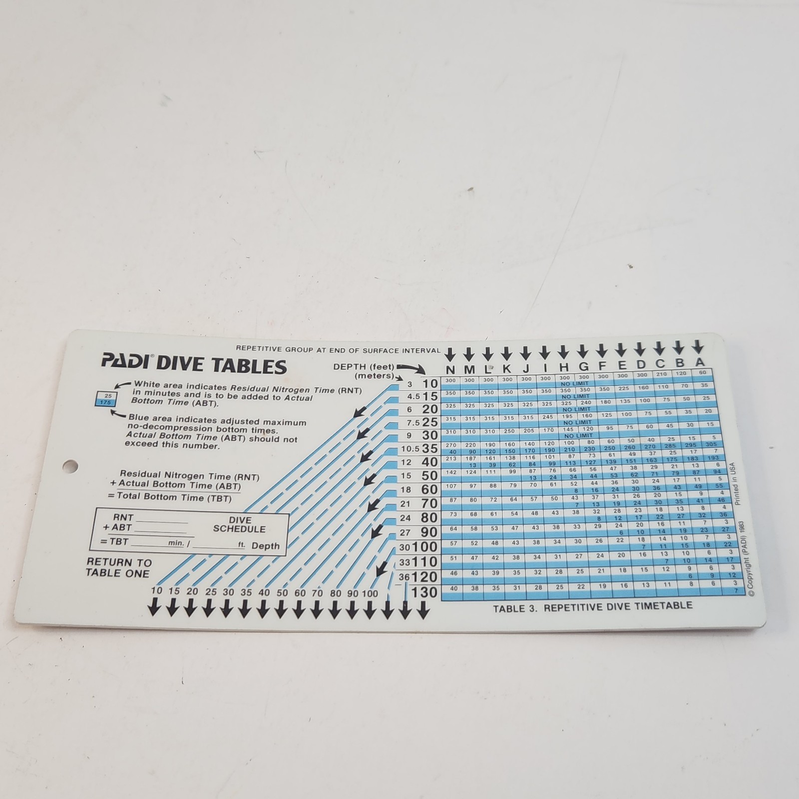 PADI DIVE TABLES Chart - 1983 Plastic Waterproof Laminated