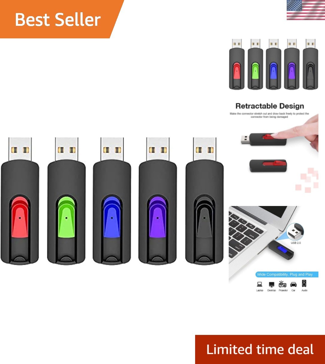 Compact 64GB USB Flash Drive Set - 5 Mixed Colors with Easy Retract Feature