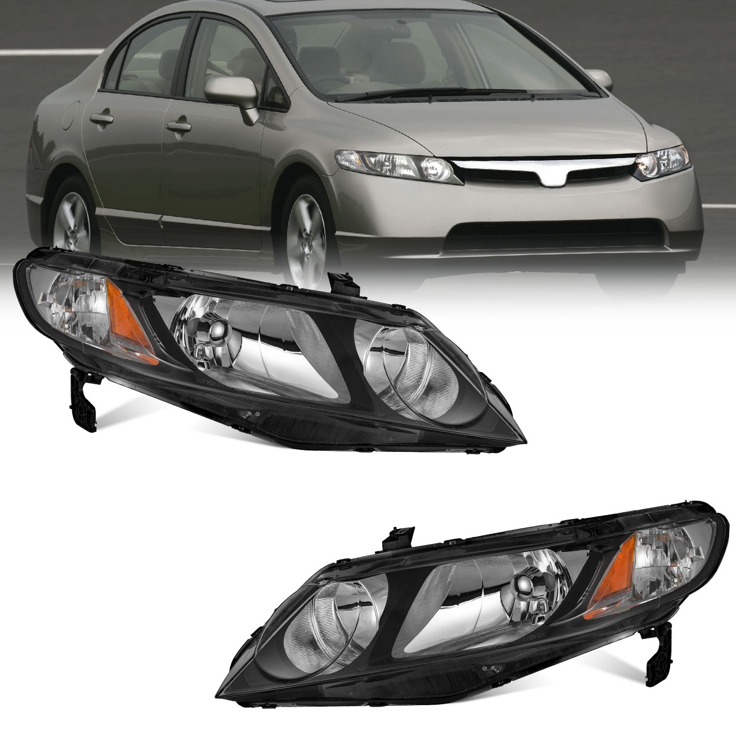 Pair Headlights Assembly For 2006-2011 Honda Civic 4-Door Sedan Headlamps