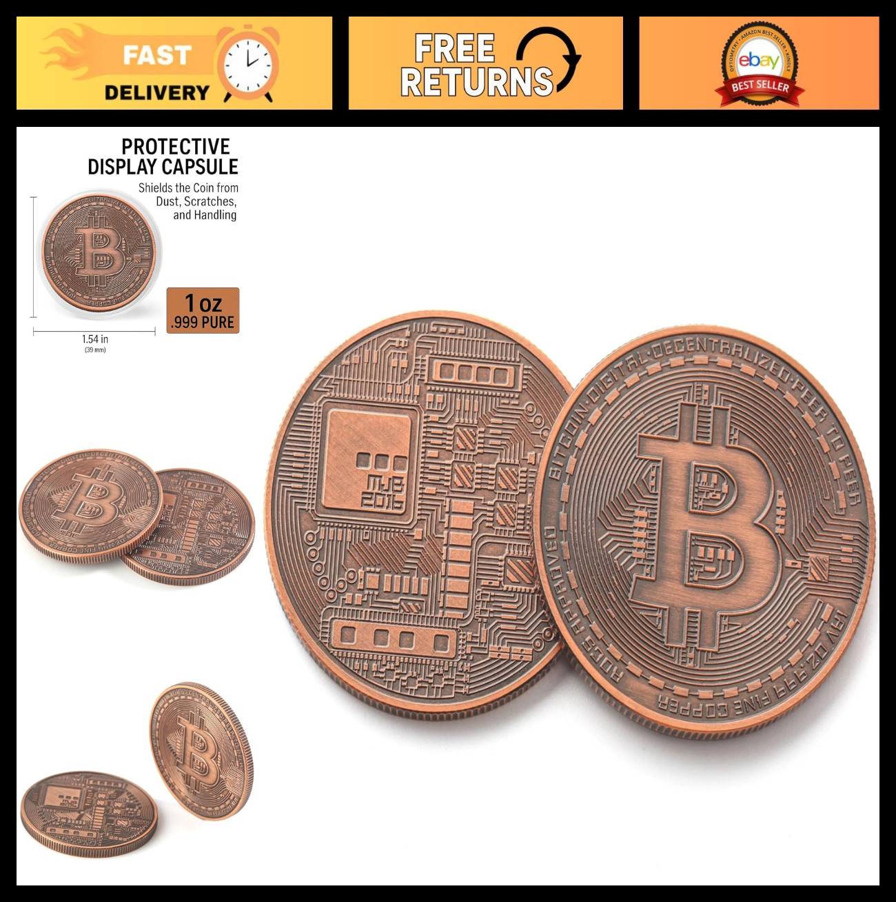 2x 1oz .999 Pure Bitcoin Copper Coins | Commemorative Crypto Tokens Gift Set | U