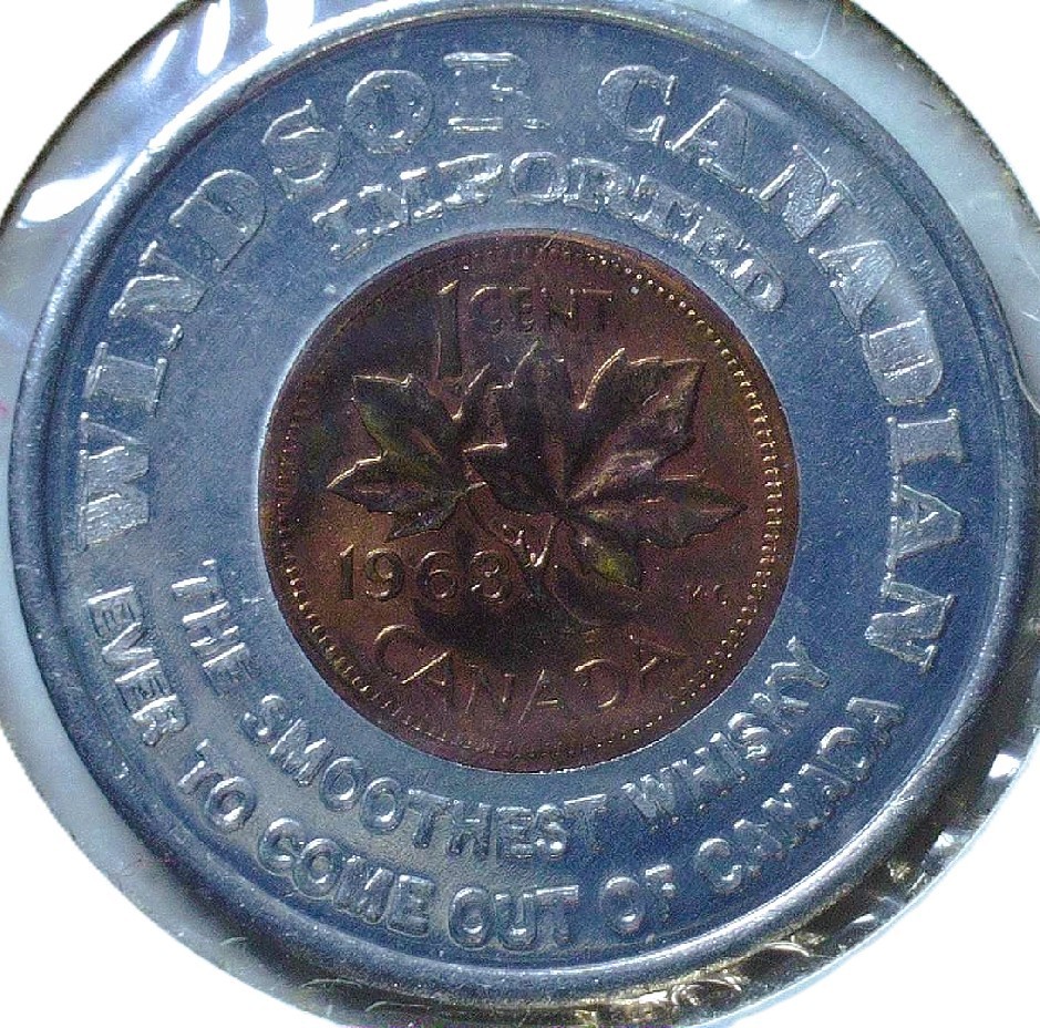 WINDSOR CANADIAN IMPORTED WHISKEY - 1963 LUCKY CENT ENCASED - EC 7526