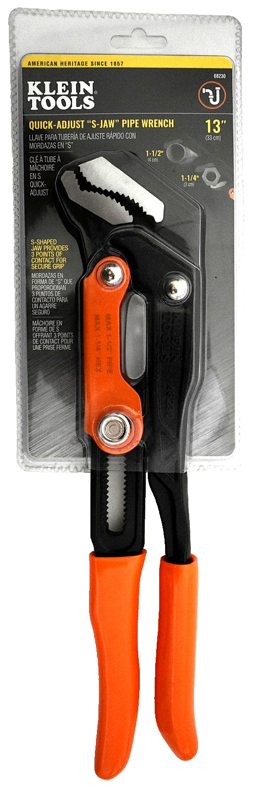 Klein Tools 68230 Quick-Adjust S-Jaw Pipe Wrench, 13" NEW TOOL