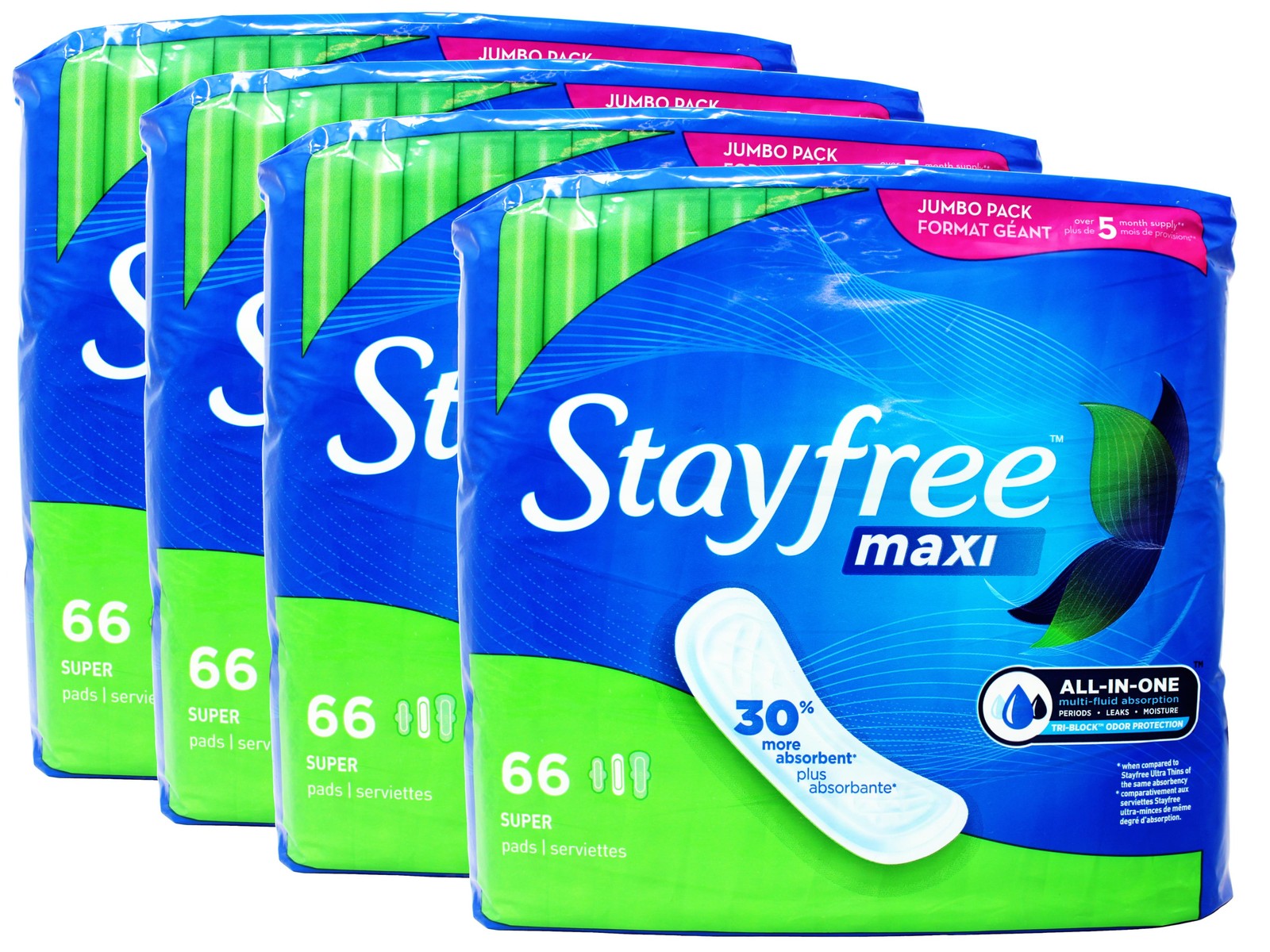 4 Pack Stayfree Maxi Super Pads Wingless Comfortably Dry for up to 8 Hours 66 Ct