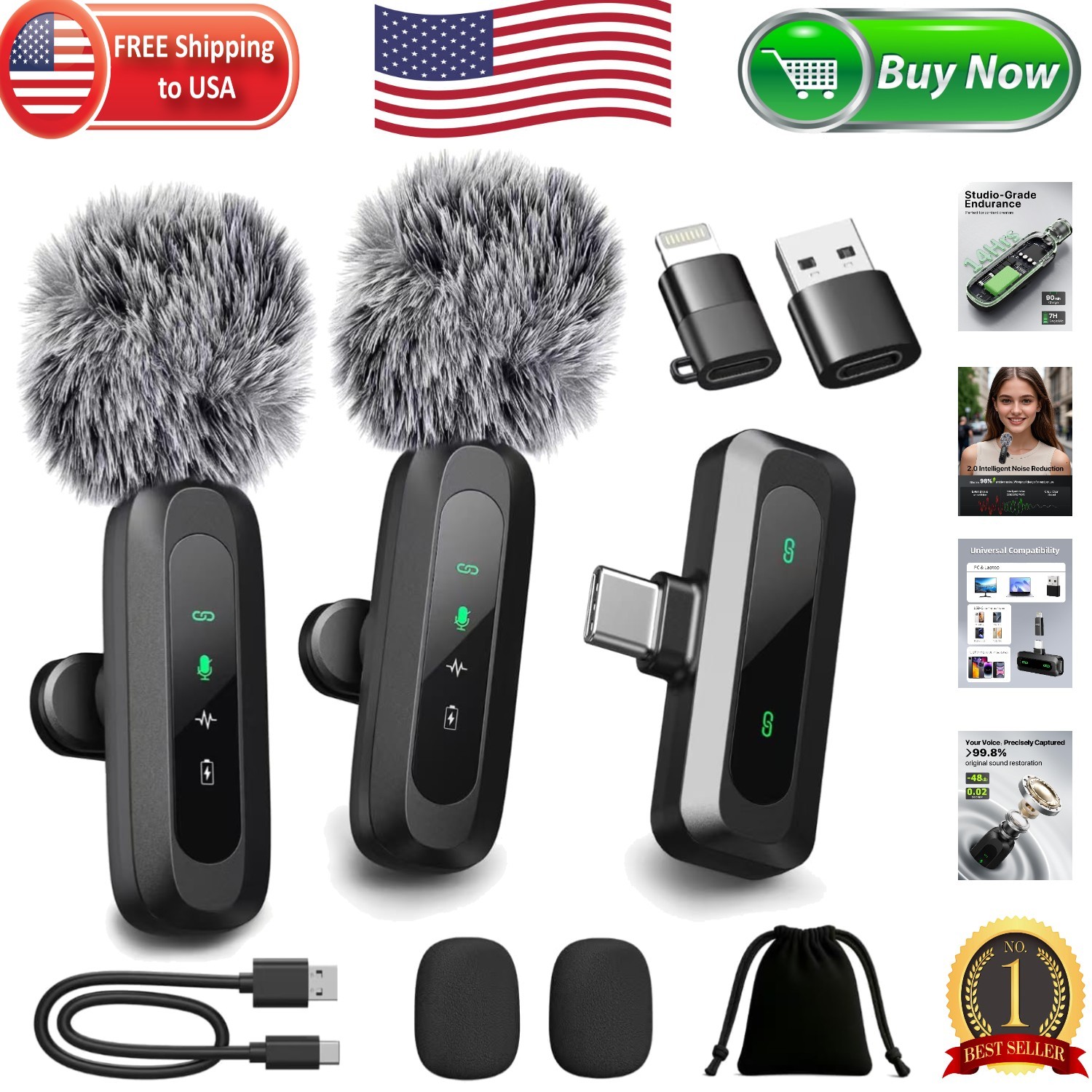 2-Pack Wireless Lavalier Microphone with LED Display for Creators & Vloggers