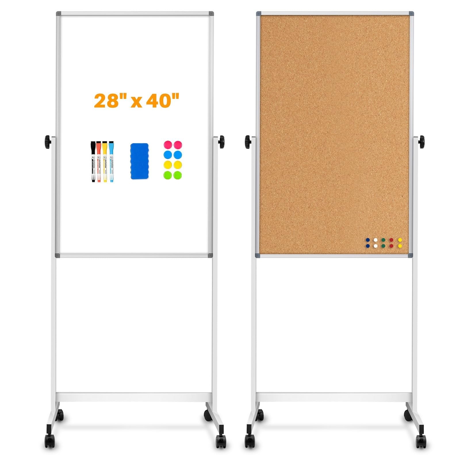 [15 Sq/ft] Large Rolling Whiteboard & Corkboard Combo with Stand, 28"x40" Rev...