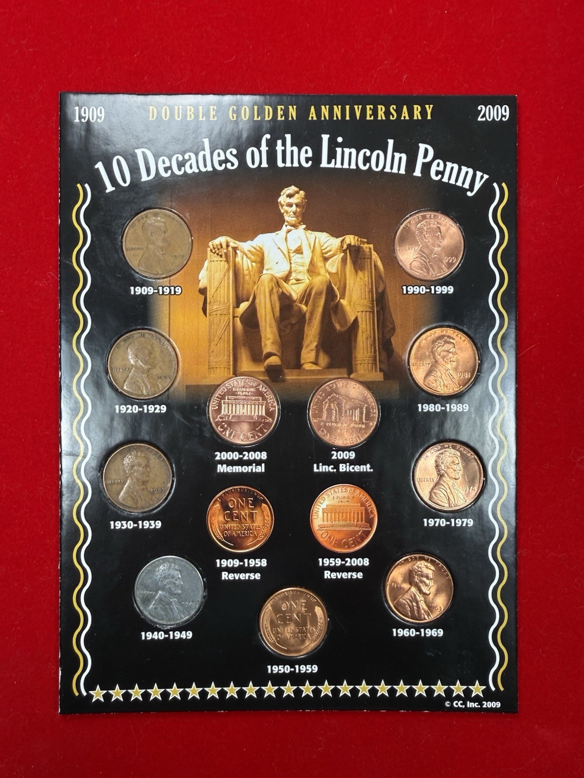 ** 10 DECADES OF THE LINCOLN PENNY- BU WHEAT, STEEL CENT, GOLD PLATED LINCOLN **