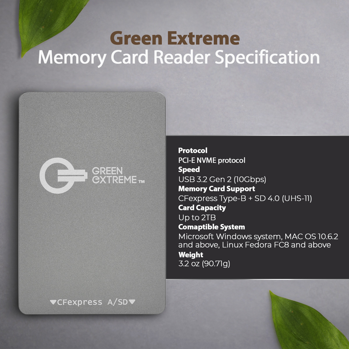 Green Extreme USB-C 3.2 Gen 2 CFexpress Type-A and SD UHS-II Memory Card Reader