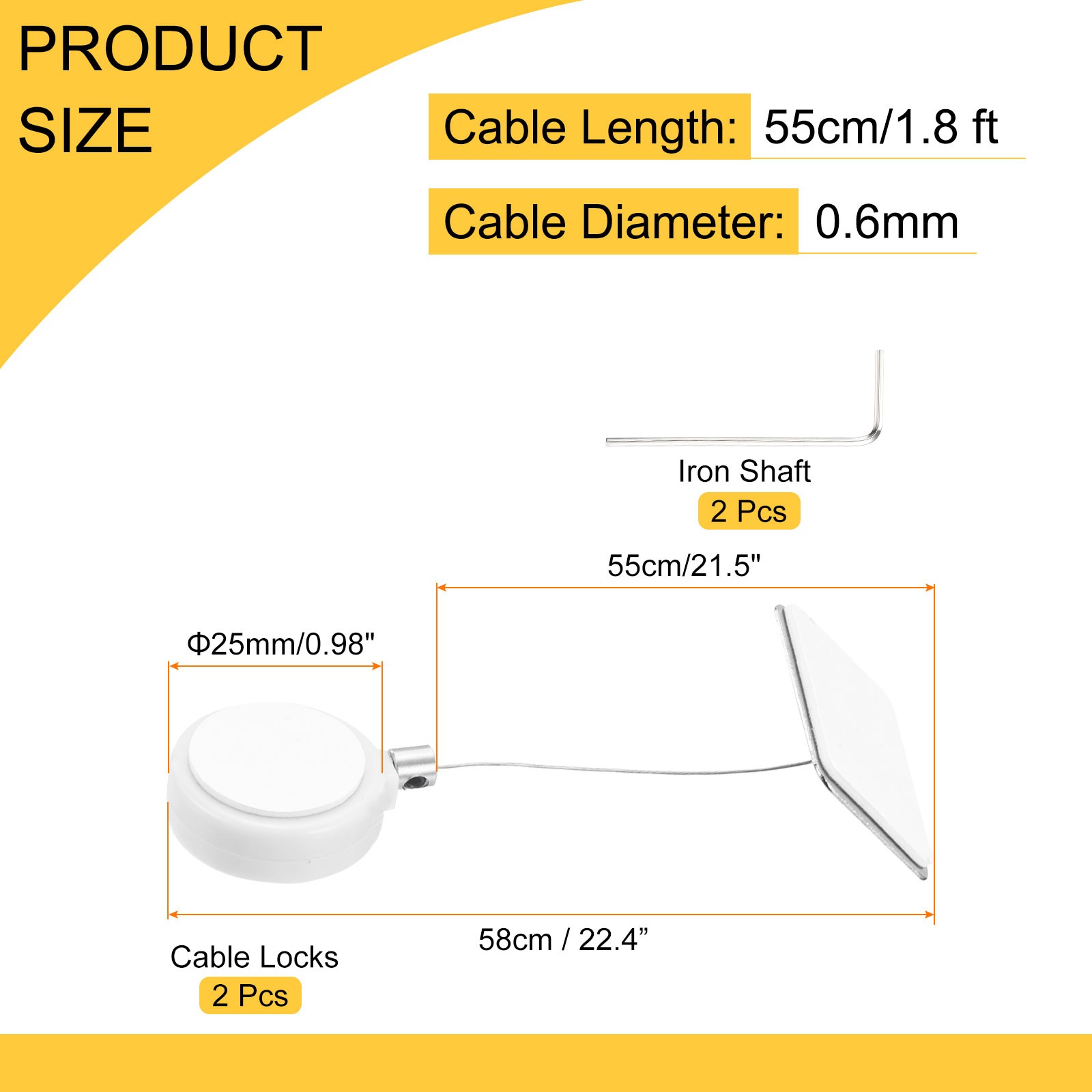 1.8ft Retractable Cable Security Lock with Square Patch Wrench, White, 2 Pack