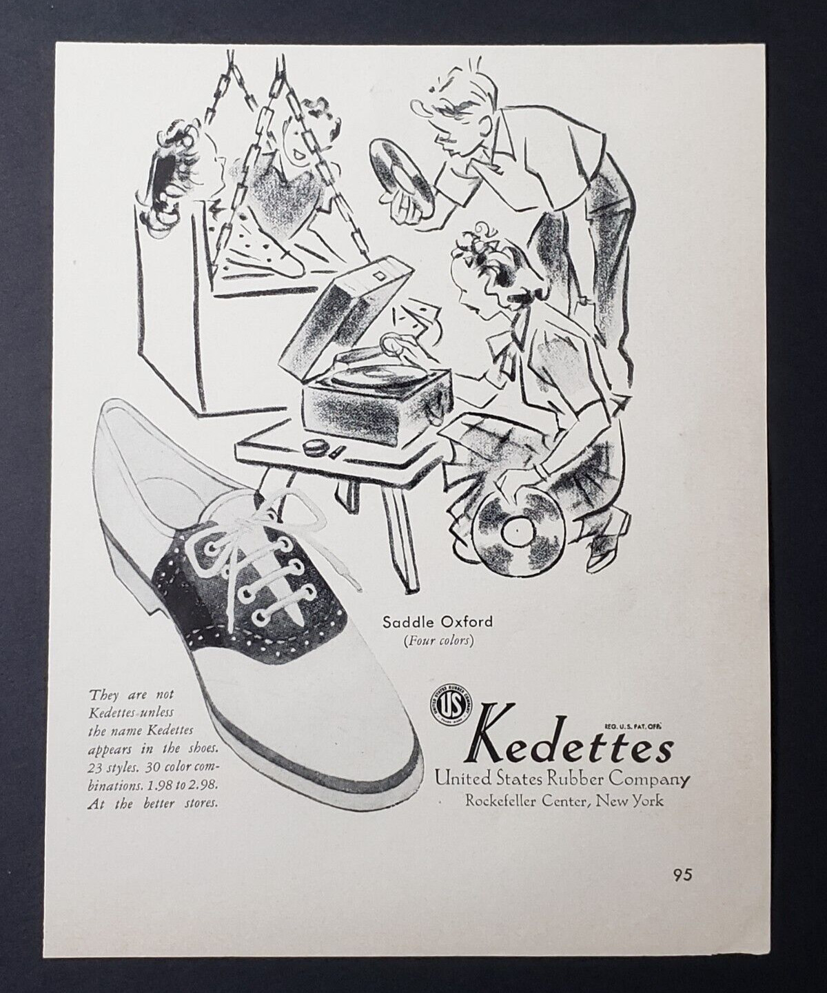 1940 Print Ad Kedettes Saddle Oxford Shoes Boy Girl Playing Records WWII