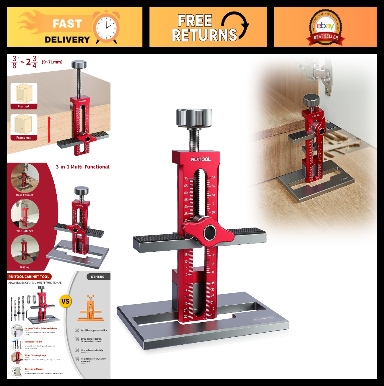 3-in-1 Cabinet Door Mounting Jig Tool for Face Frame/Frameless Cabinets, Adjusta