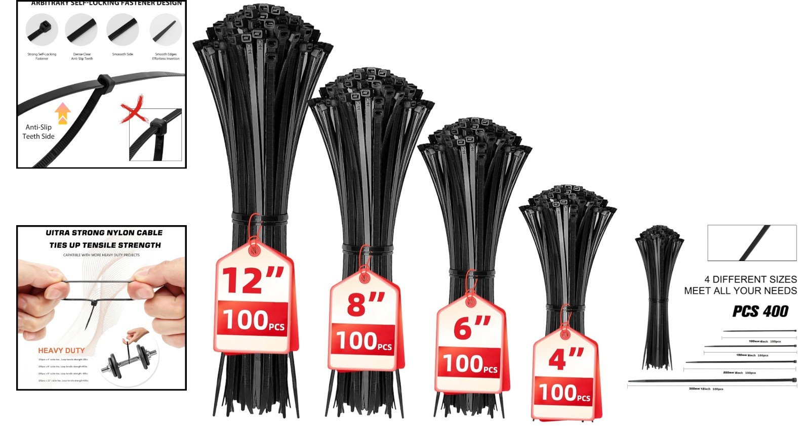 400 Pack Assorted Sizes Black Zip Ties - Self-Locking Nylon Cord Management