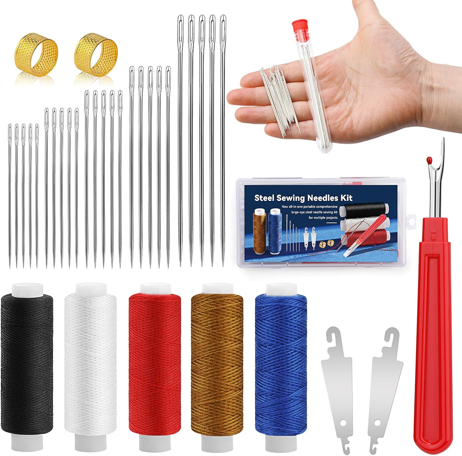 37 PCS Big Eye Steel Sewing Needles Kit, Steels Needle for Hand Sewing with Thim
