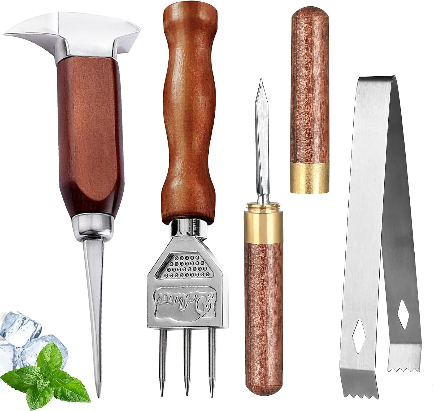 Ice Pick Set of 4 Stainless Steel Ice Chipper with Wood Handle, Japanese Style I