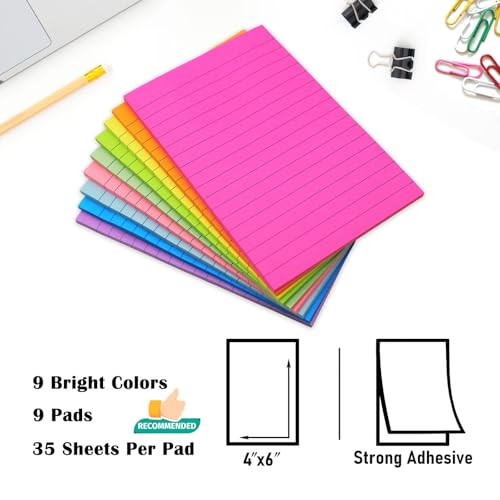 9 Pack Lined Sticky Notes Post Sticky Notes with Lines, 9 Bright Colors 4x6 in