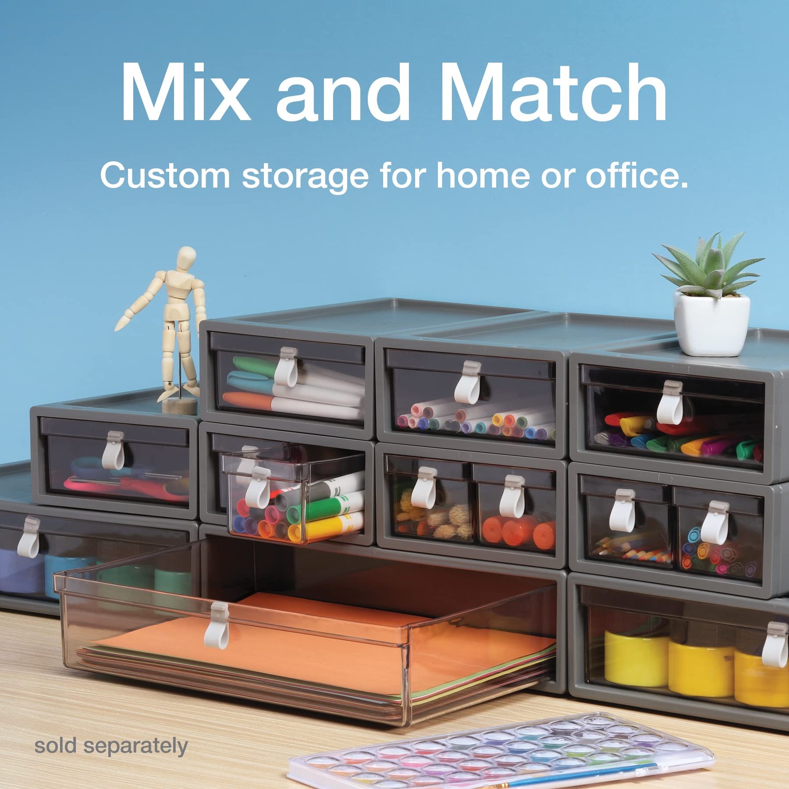 Stackable Drawer, Durable Plastic, Silicon Handles, Tinted Drawers, Single, G...