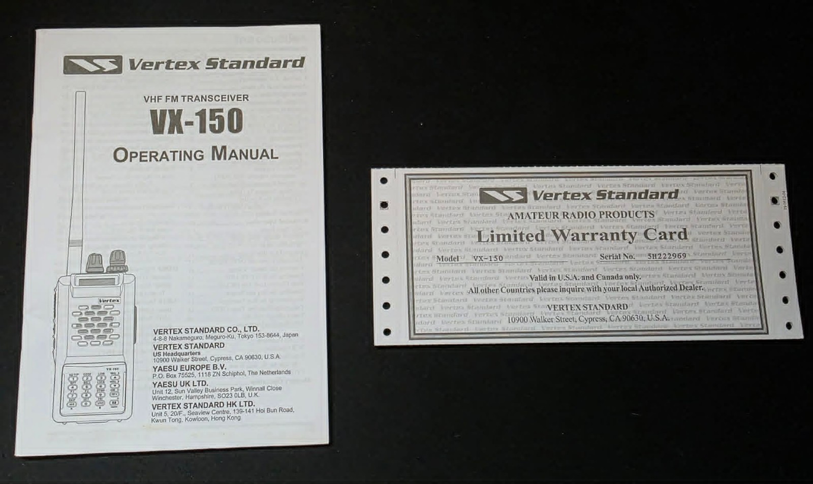 RARE! NEW Vertex VX-150 VHF FM Transceiver Operating Manual Warrant Card Genuine