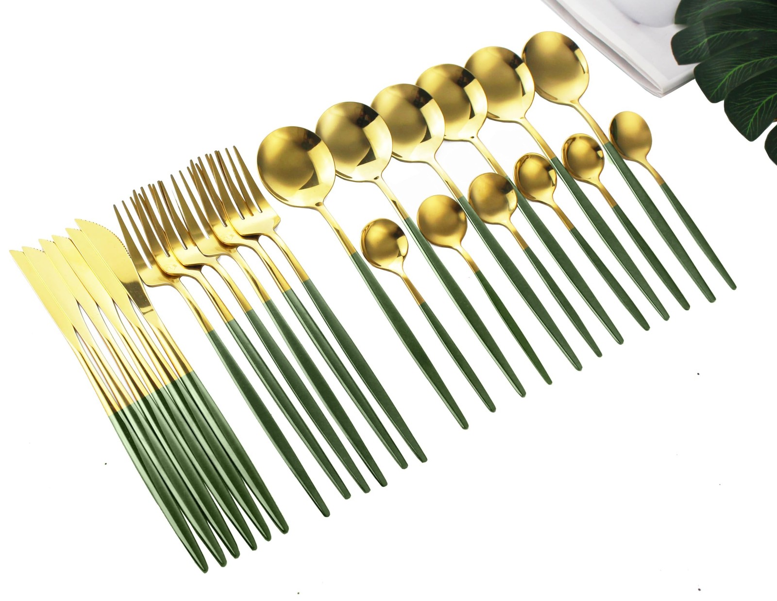 24-Piece Green Gold Korean Silverware Sets Mirror Polished Stainless Steel Mo...