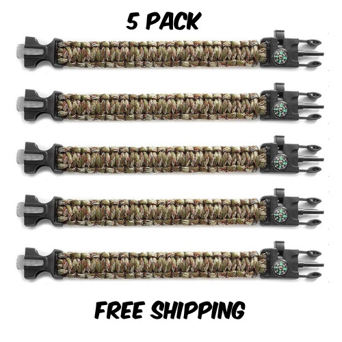 Survival Paracord Bracelet | Survival Kit Fire Starter | Compass 5 Pack Camo New